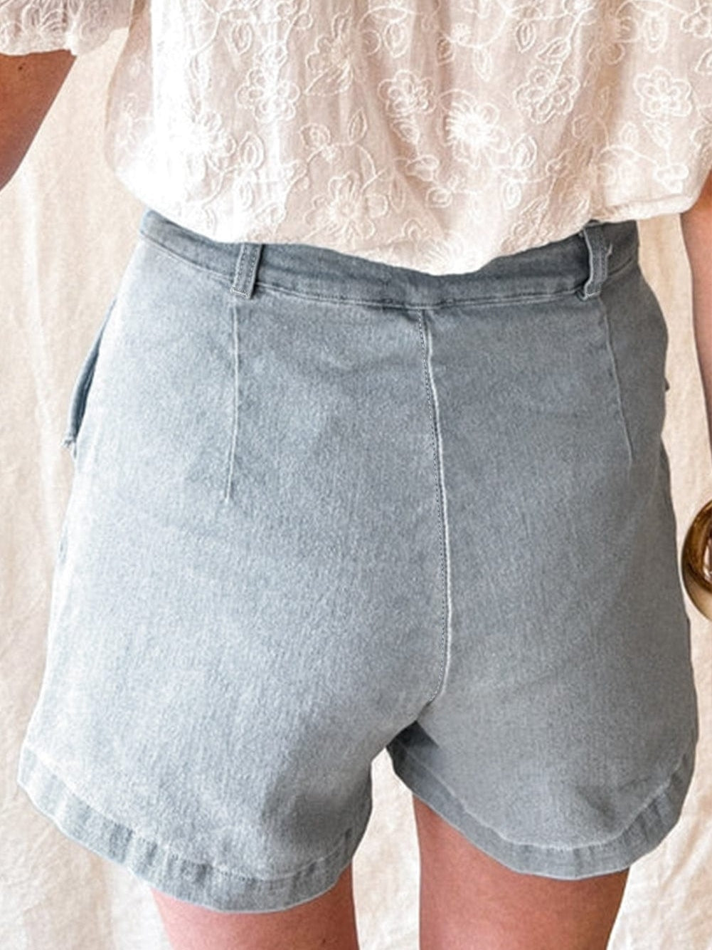 Beau Blue Ruffled High Waist Flap Pockets Denim Shorts