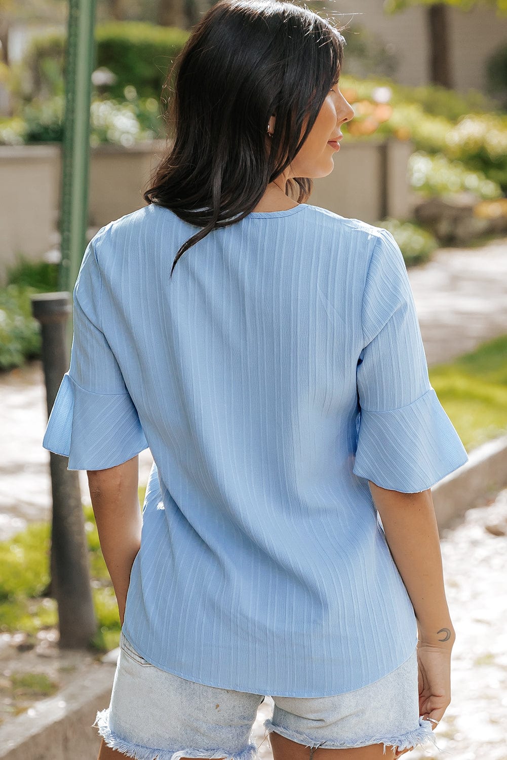 Beau Blue Textured V Neck Ruffled Sleeve Top