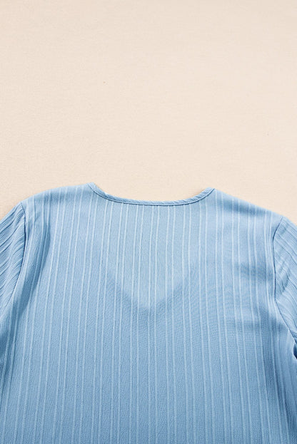 Beau Blue Textured V Neck Ruffled Sleeve Top