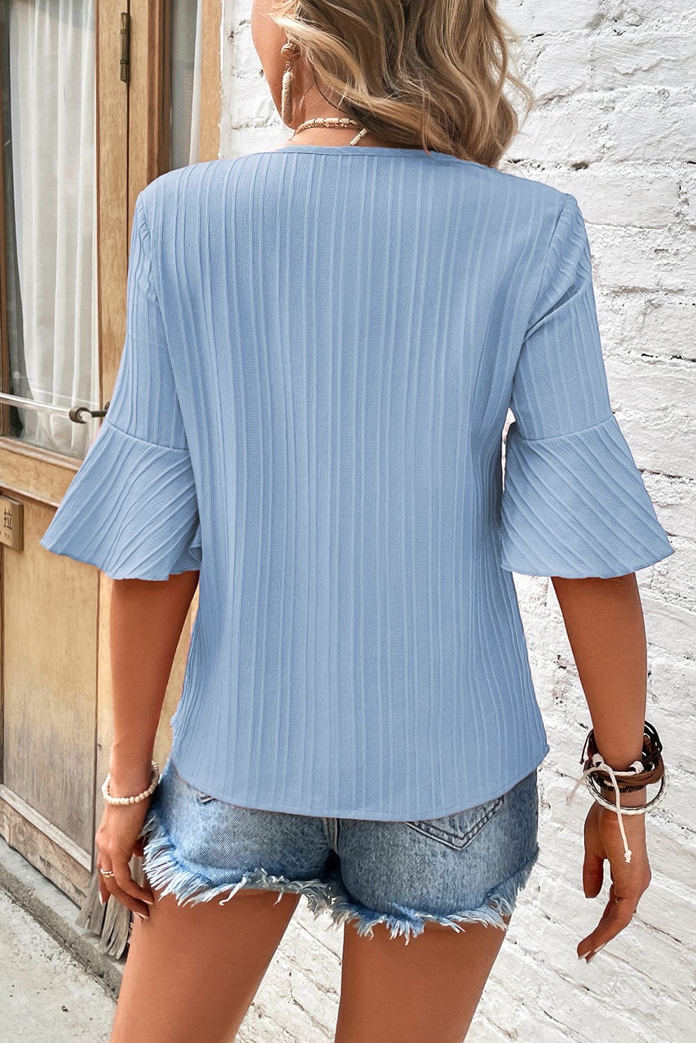 Beau Blue Textured V Neck Ruffled Sleeve Top