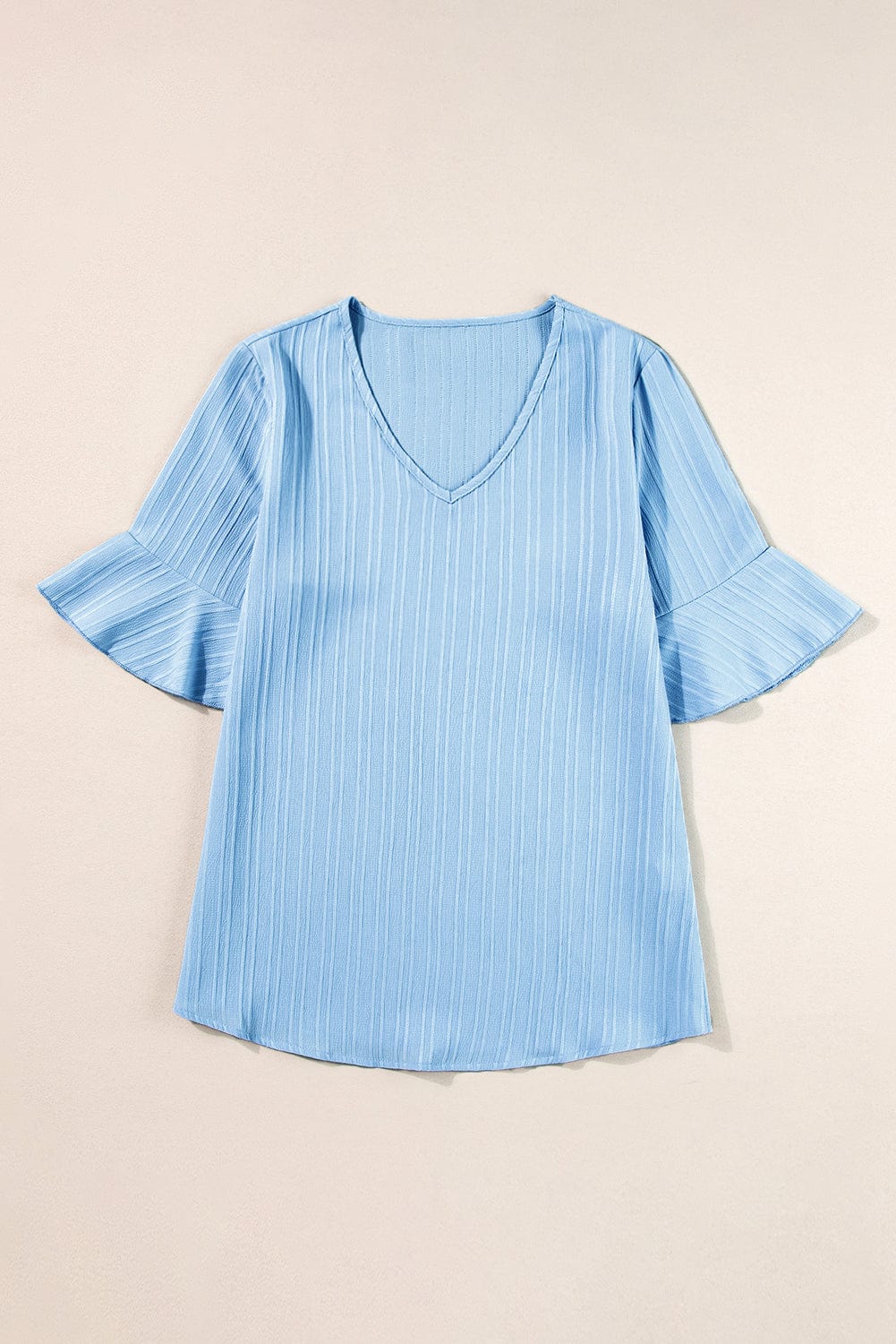 Beau Blue Textured V Neck Ruffled Sleeve Top