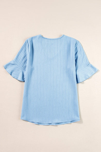 Beau Blue Textured V Neck Ruffled Sleeve Top