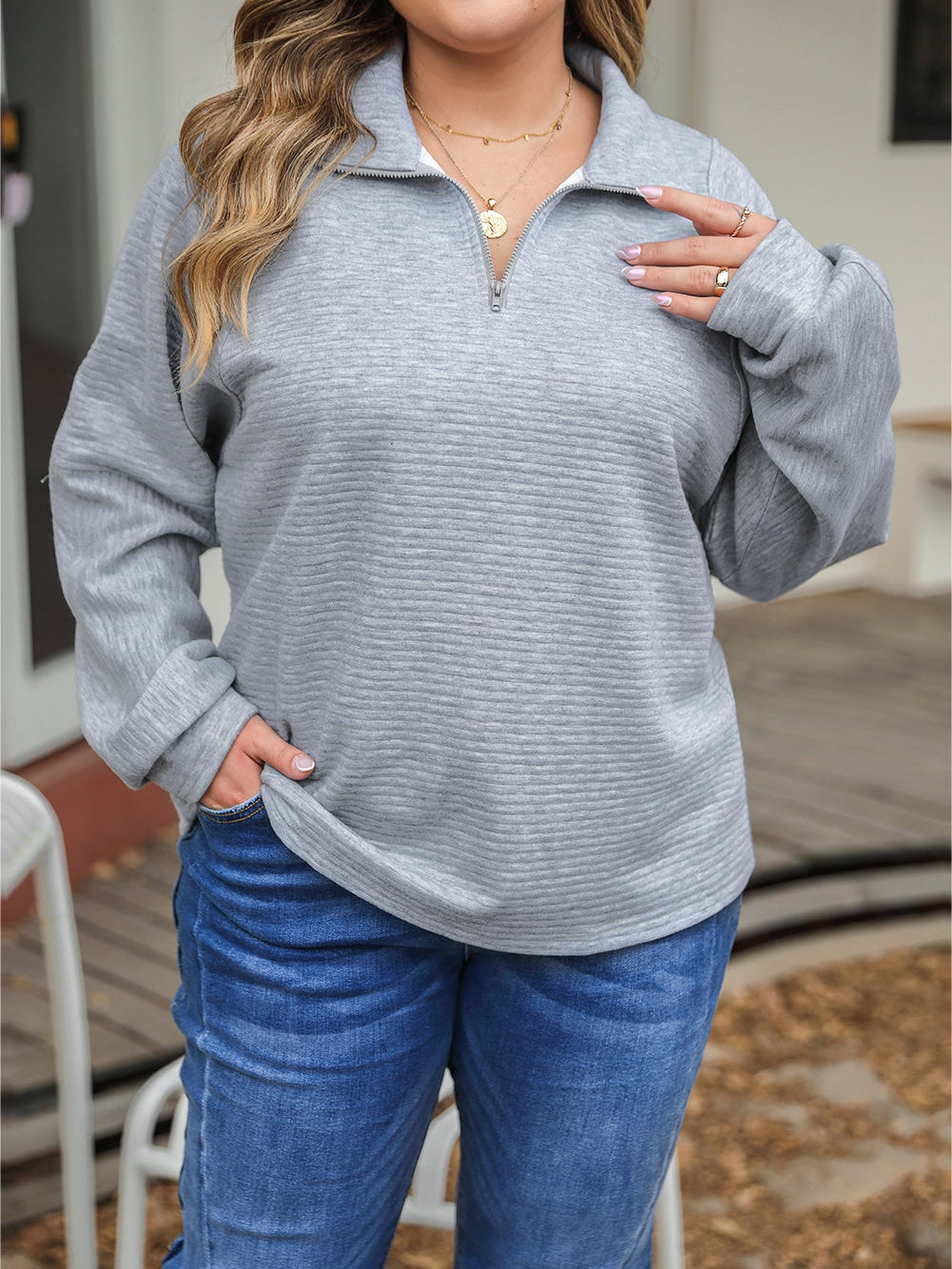 Light Grey Quarter Zipper Collared Ribbed Knit Plus Size Top