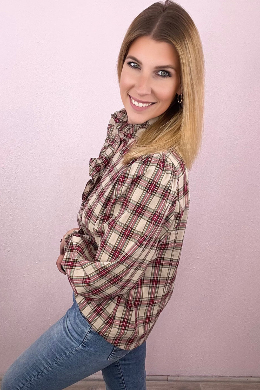 Apricot Plaid Pattern Frilled Collared Puff Sleeve Shirt