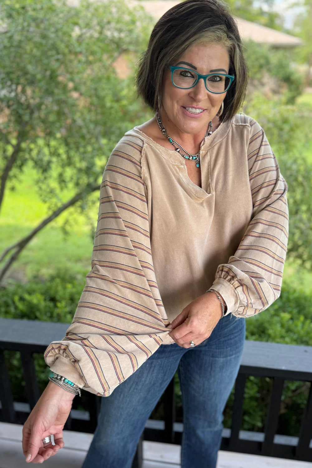 Parchment Striped Raglan Sleeve Notched Neck Raw Edge Plus Size Jumper