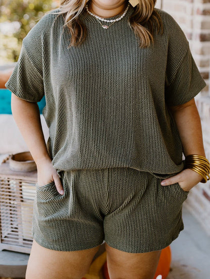 Moss Green Plus Size Rib Knit Short Sleeve Top and Shorts Set