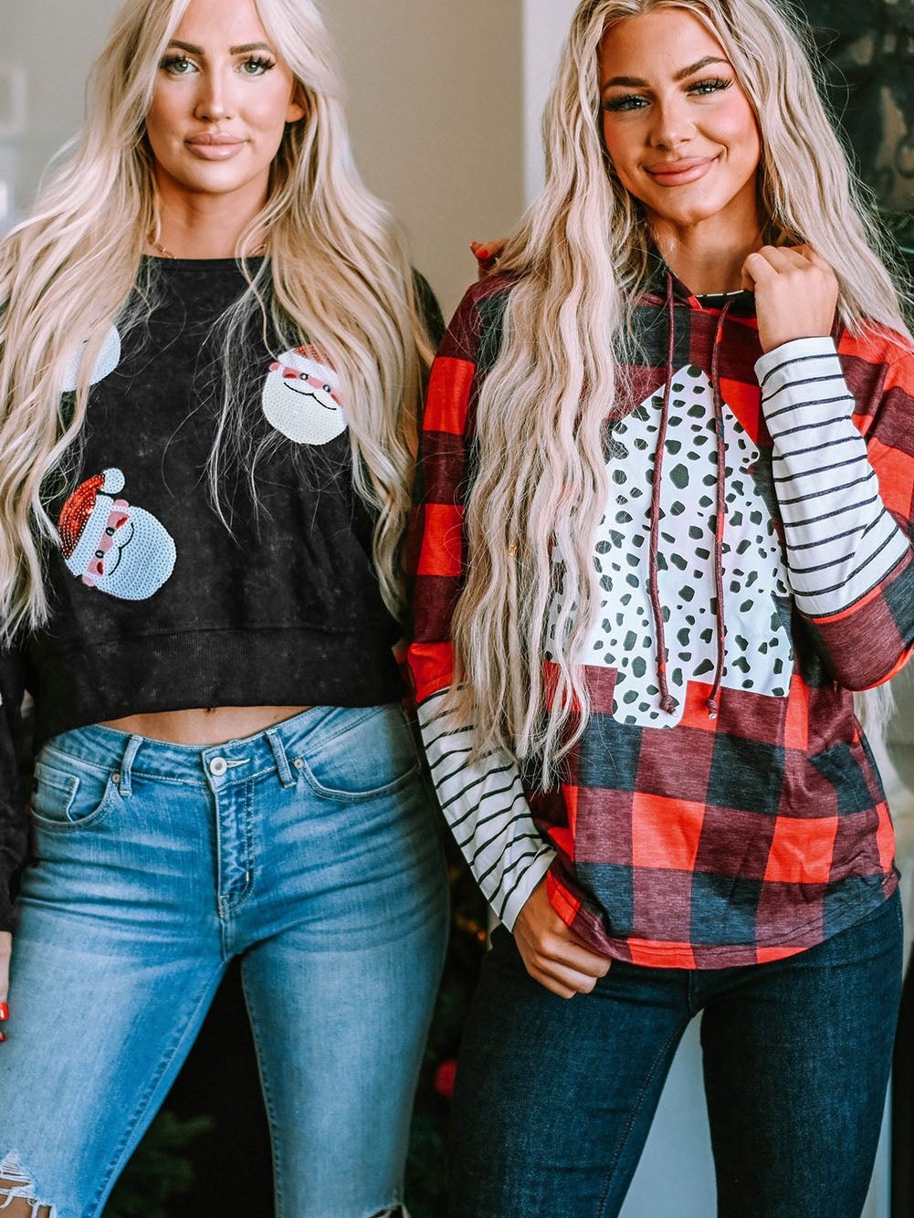 Festive Red Plaid Leopard Christmas Tree Hoodie with Fiery Accents