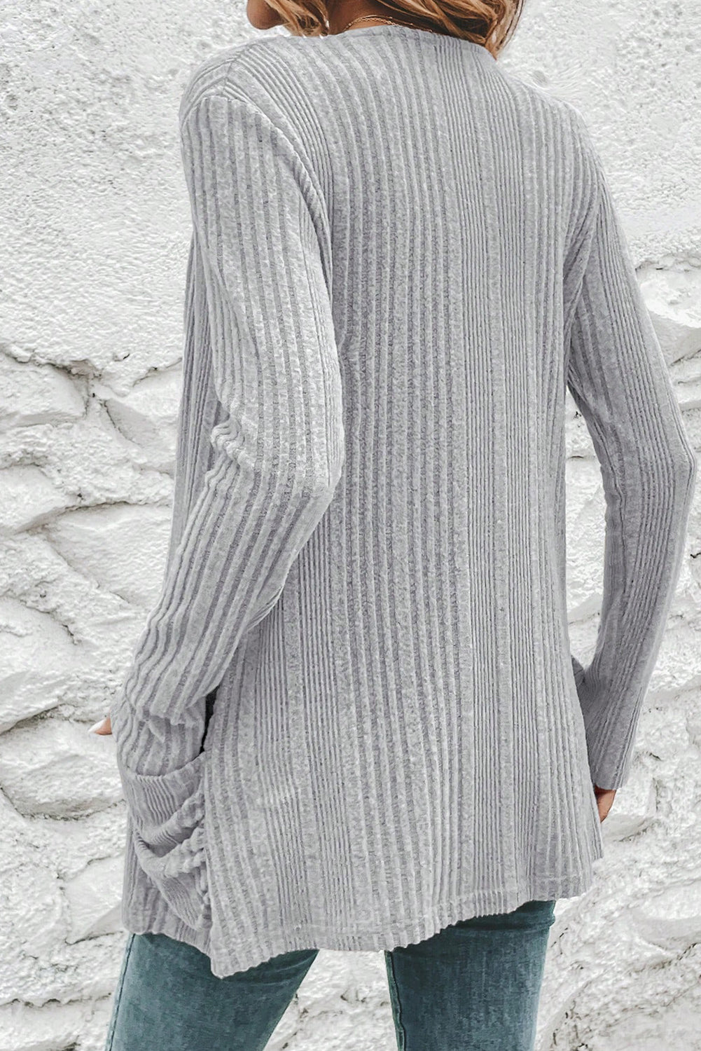 Light Grey Ribbed Open Front Knitted Top with Pockets