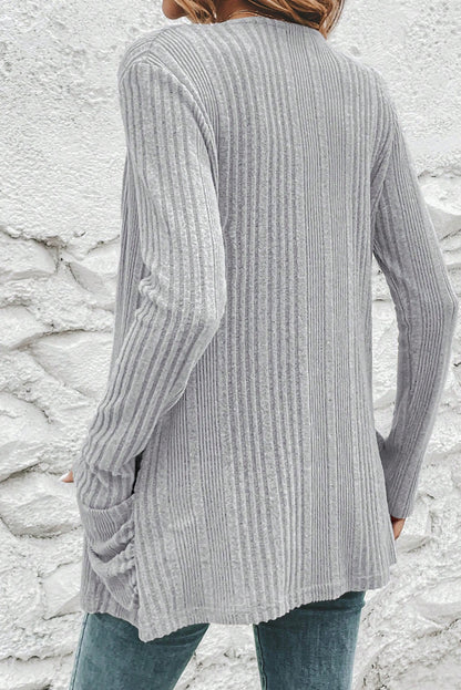 Light Grey Ribbed Open Front Knitted Top with Pockets