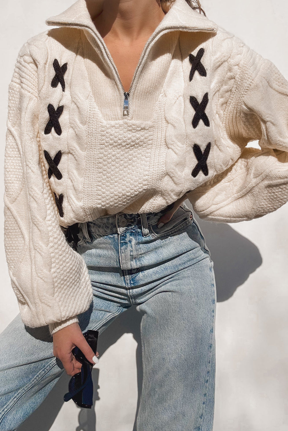 Jet Stream Cable Knit Contrast Detail Half Zip Baggy Sweater