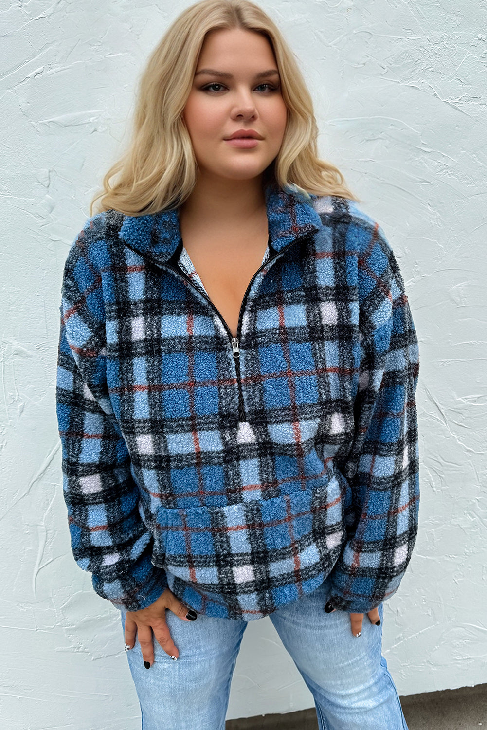 Sky Blue Plaid Print Collar Half Zip Plus Size Fleece Sweatshirt