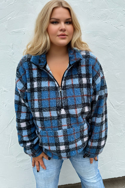 Sky Blue Plaid Print Collar Half Zip Plus Size Fleece Sweatshirt