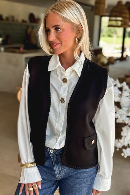 Black Braided Trim Open Front Vest