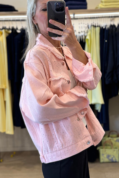Light Pink Rhinestone Decor Raw Edge Loose Denim Jacket