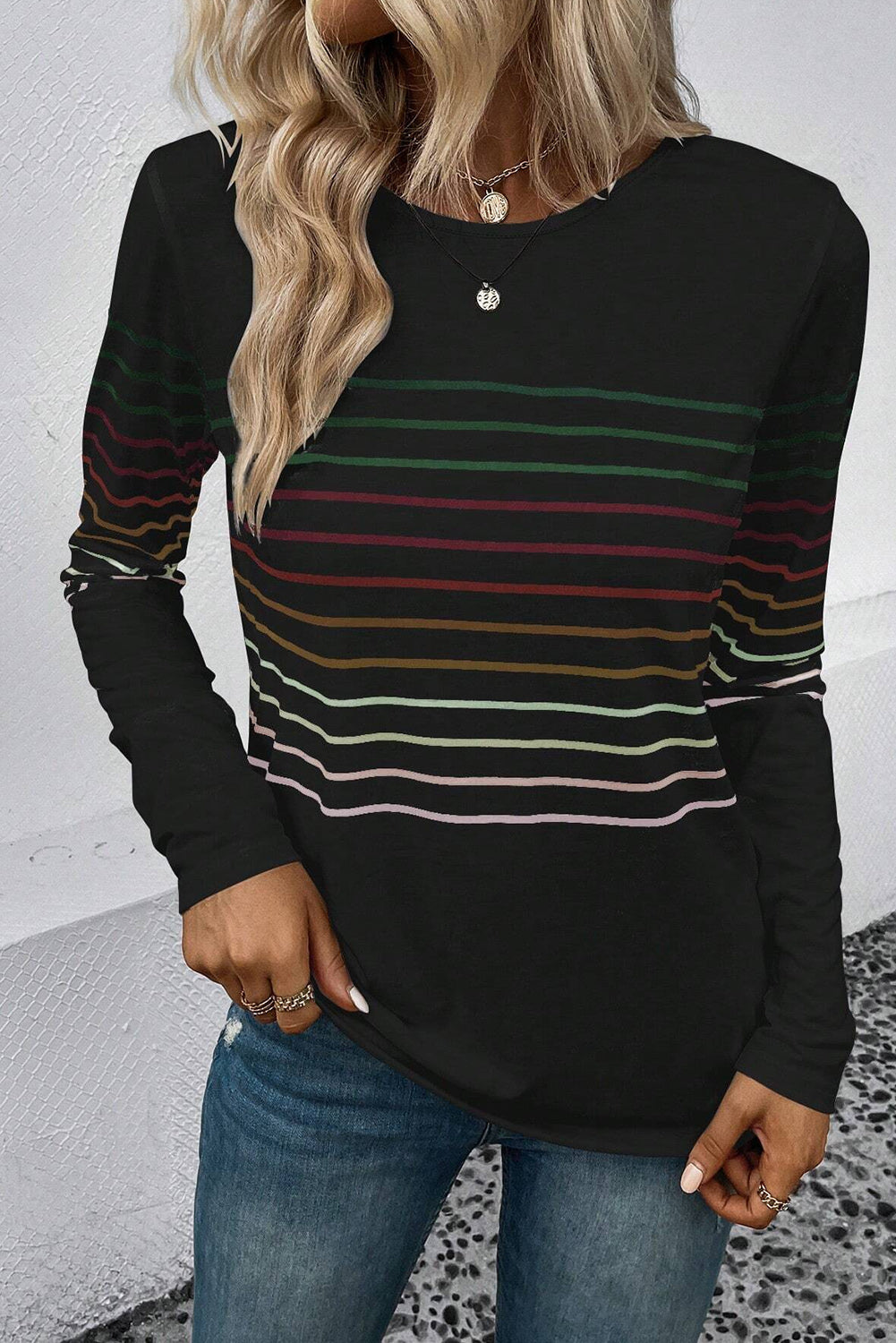 Black Colorful Striped Round Neck Long Sleeve Top