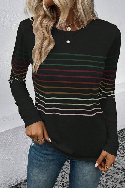 Black Colorful Striped Round Neck Long Sleeve Top
