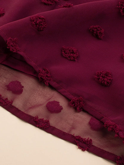 Swiss Dot Burgundy Plus Size V-Neck Mini Dress with Ruffled Sleeves