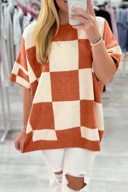 Orange Checkered Pattern Loose Drop Shoulder Half Sleeve Sweater