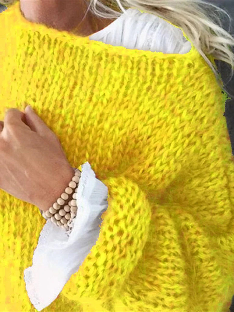 Women's Pullover Sweater Jumper Crew Neck Fuzzy Knit Acrylic Oversized Fall Winter Regular Outdoor Daily Going out Stylish Casual Soft Long Sleeve Solid Color Yellow Blue Purple S M L