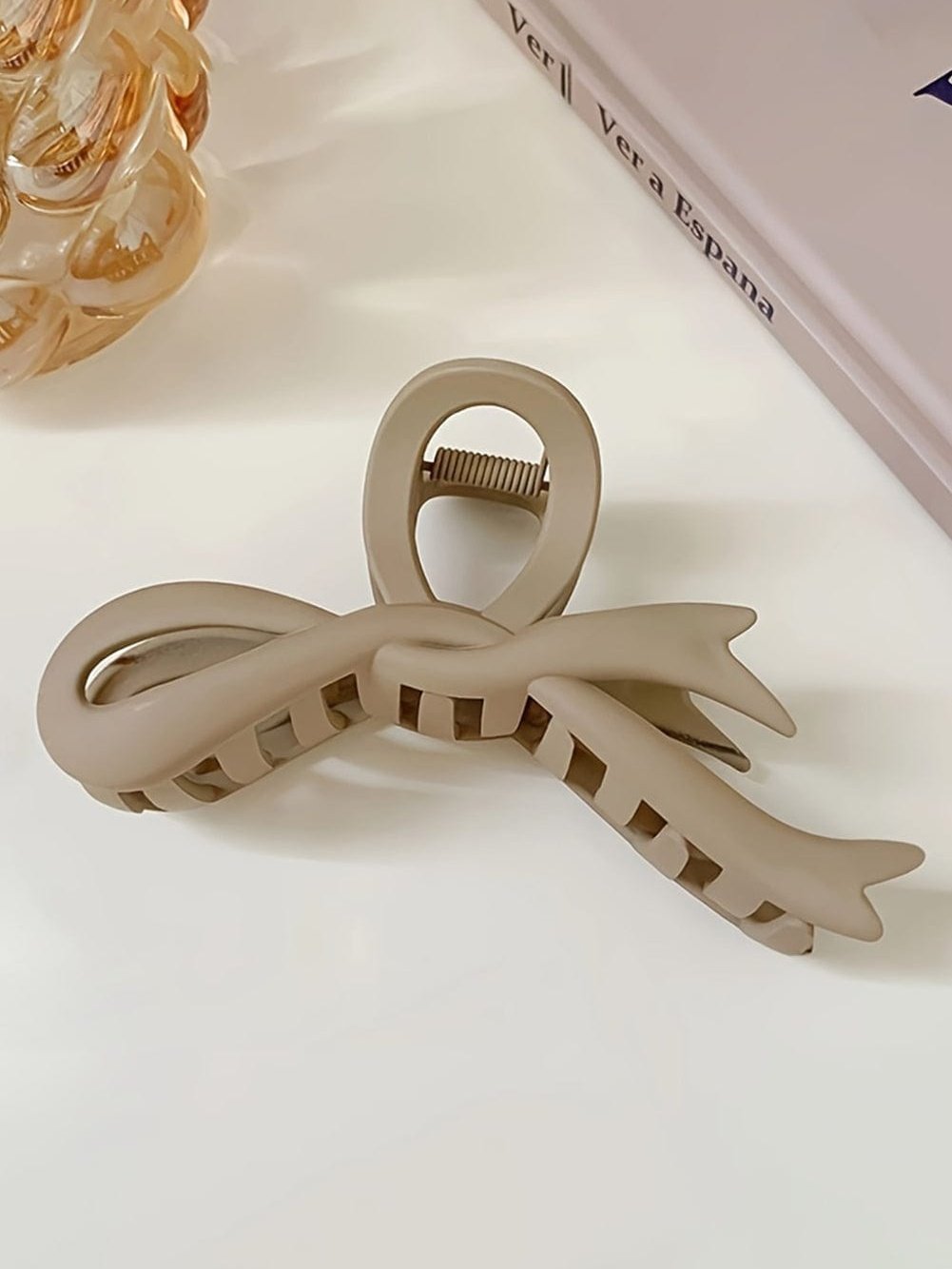 Beige Bow Hair Claw Clip with Chic Bowknot