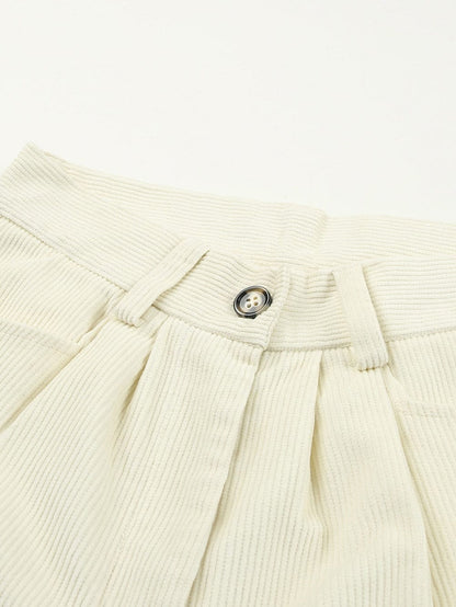 Beige Corduroy High Waist Trousers for Winter Casual Wear