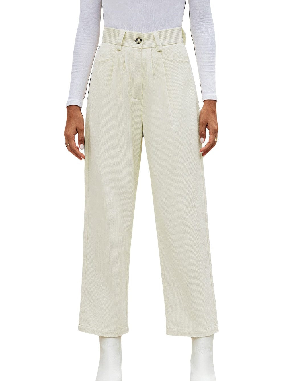 Beige Corduroy High Waist Trousers for Winter Casual Wear