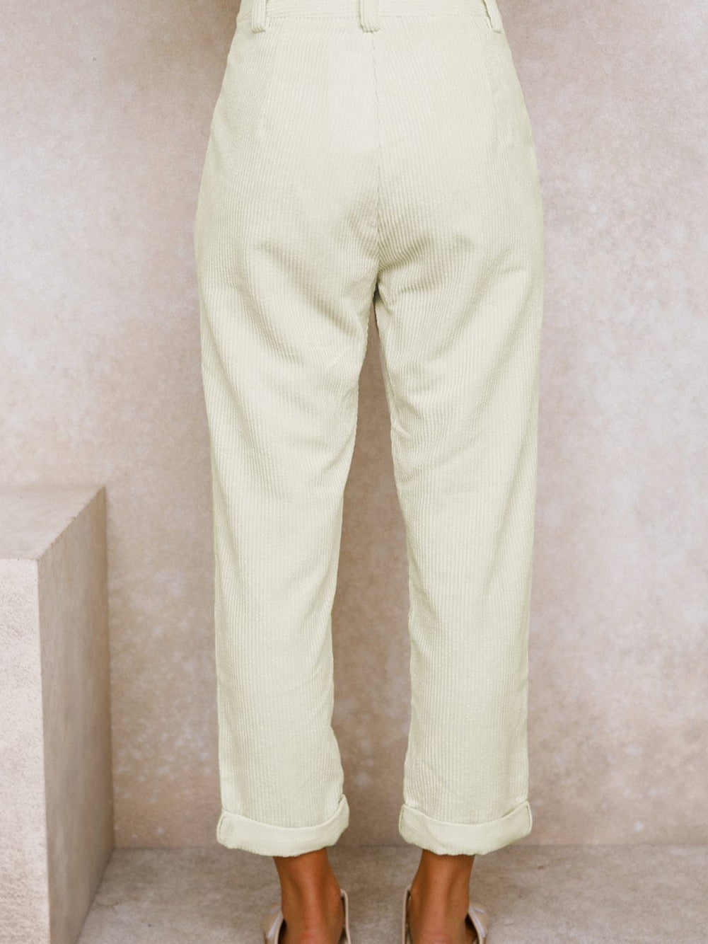 Beige Corduroy High Waist Trousers for Winter Casual Wear
