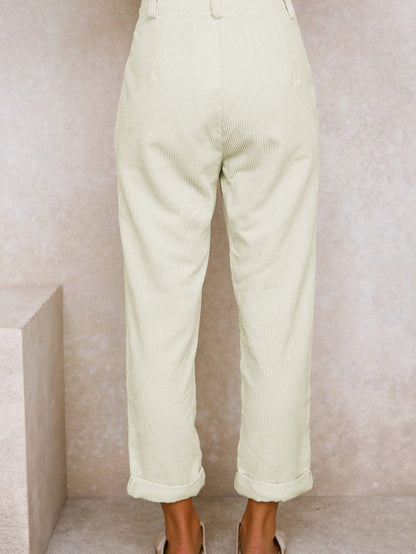 Beige Corduroy High Waist Trousers for Winter Casual Wear