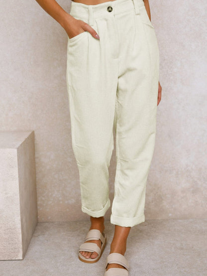 Beige Corduroy High Waist Trousers for Winter Casual Wear