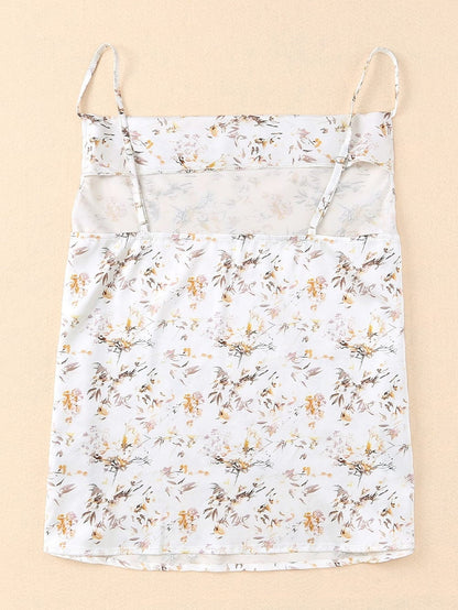 Beige Cowl Neck Floral Tank Top