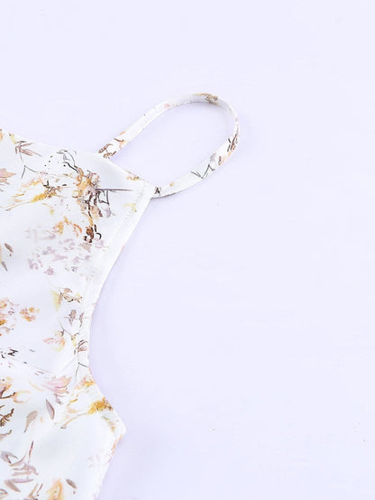 Beige Cowl Neck Floral Tank Top