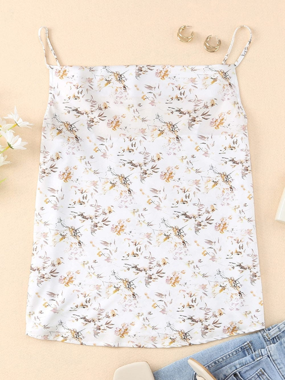 Beige Cowl Neck Floral Tank Top