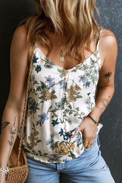 Beige Floral Button-Up Camisole Top