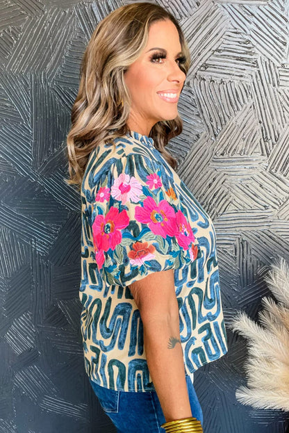 Beige Floral Embroidered Puff Sleeve Blouse with Frilled Neck