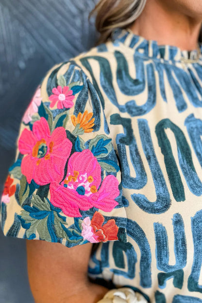 Beige Floral Embroidered Puff Sleeve Blouse with Frilled Neck