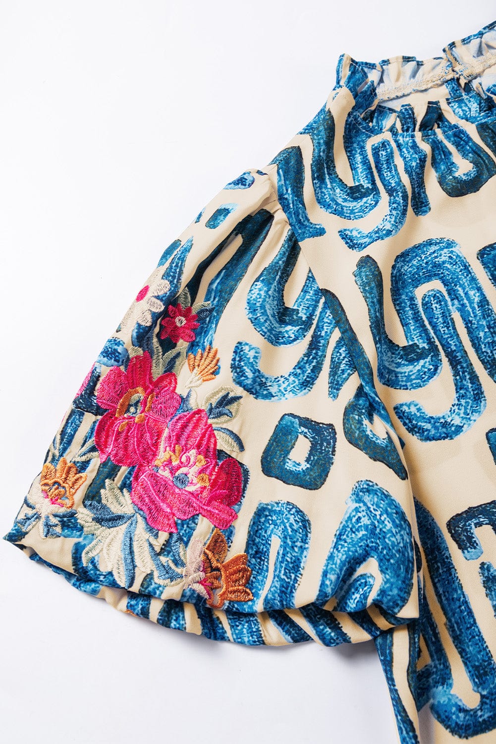 Beige Floral Embroidered Puff Sleeve Blouse with Frilled Neck