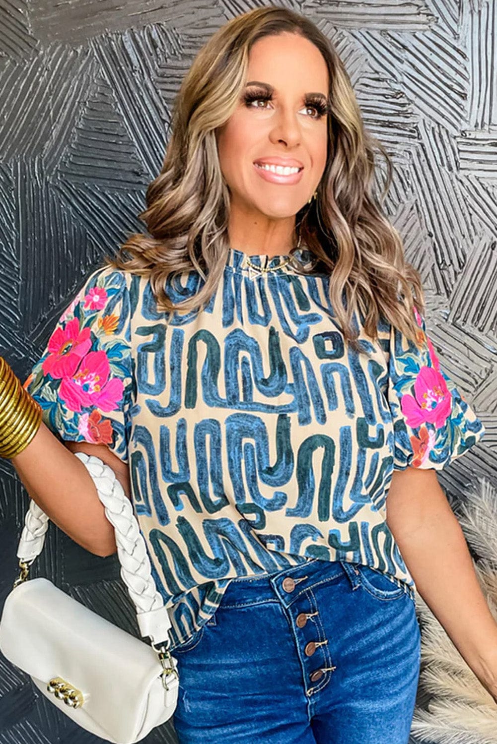 Beige Floral Embroidered Puff Sleeve Blouse with Frilled Neck