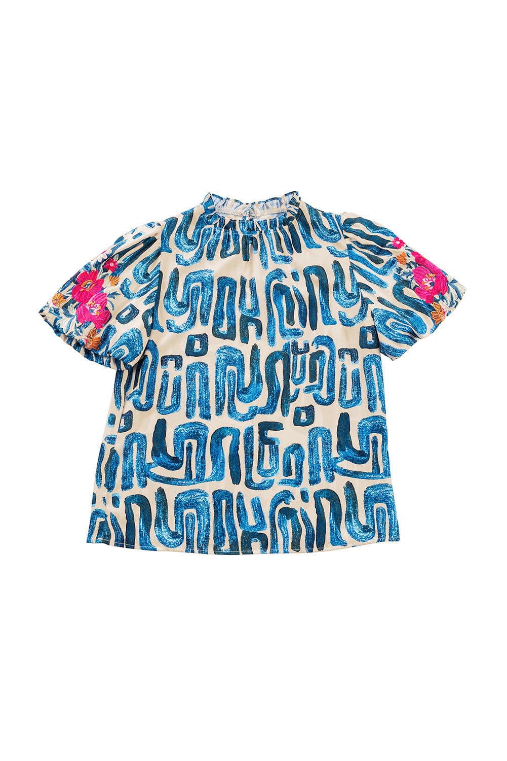 Beige Floral Embroidered Puff Sleeve Blouse with Frilled Neck