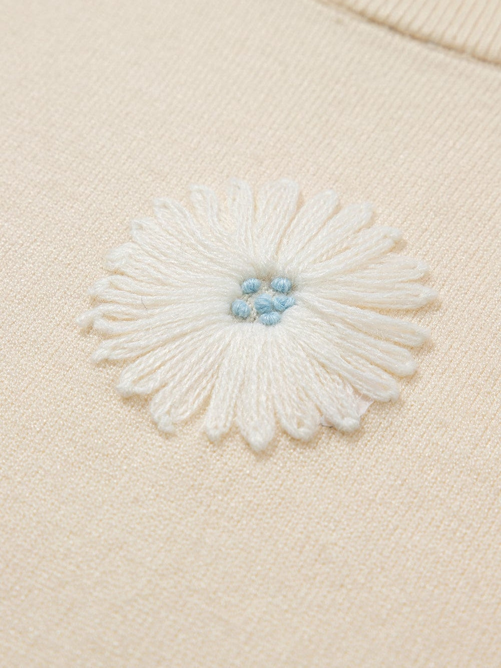 Beige Floral Embroidered Short Sleeve Knit Top