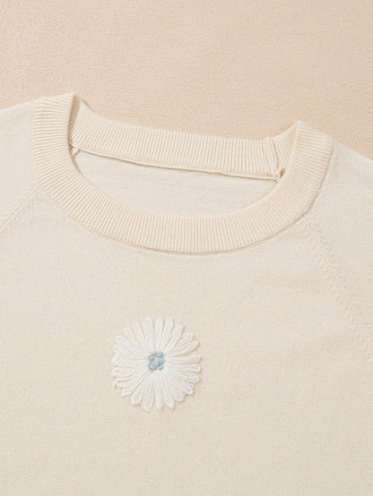 Beige Floral Embroidered Short Sleeve Knit Top