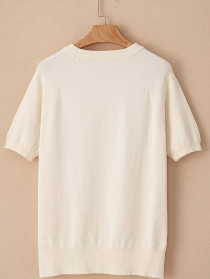 Beige Floral Embroidered Short Sleeve Knit Top