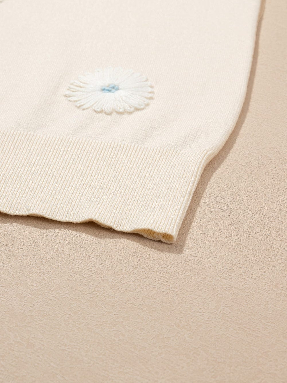 Beige Floral Embroidered Short Sleeve Knit Top