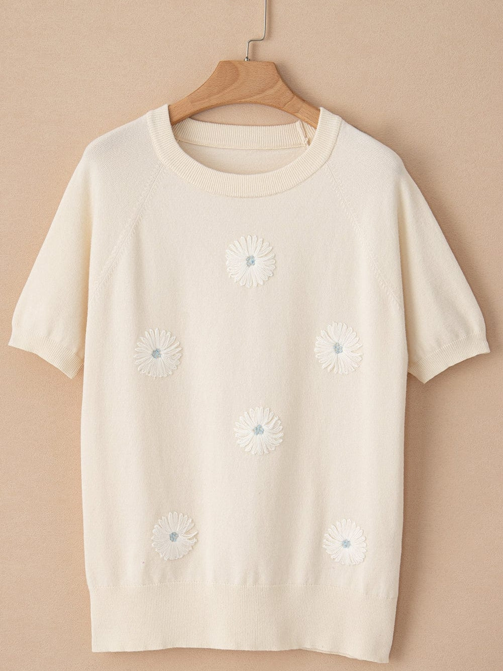 Beige Floral Embroidered Short Sleeve Knit Top