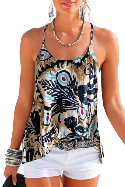 Beige Floral Strappy Back Spaghetti Strap Tank Top