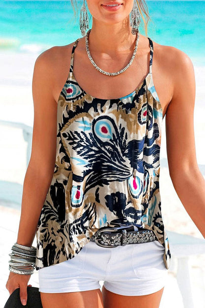 Beige Floral Strappy Back Spaghetti Strap Tank Top