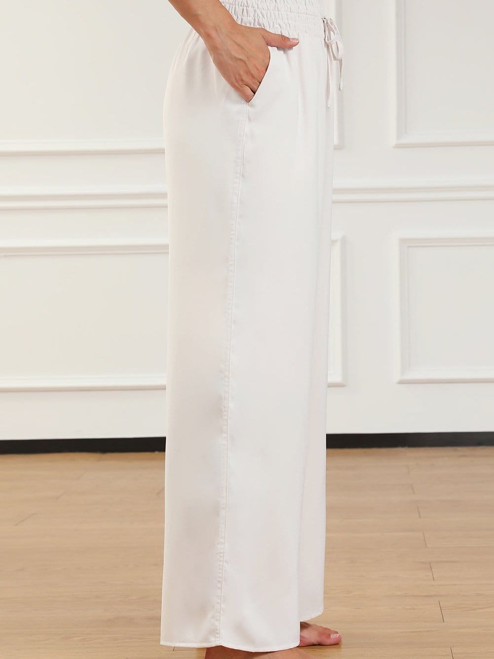 Beige High Waist Smocked Wide Leg Trousers