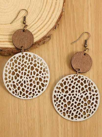 Beige Hollow Out Wooden Round Drop Earrings