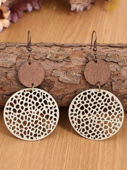 Beige Hollow Out Wooden Round Drop Earrings