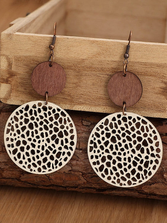 Beige Hollow Out Wooden Round Drop Earrings