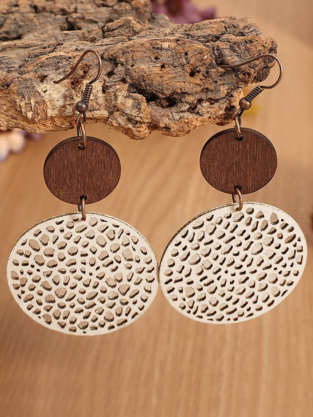 Beige Hollow Out Wooden Round Drop Earrings